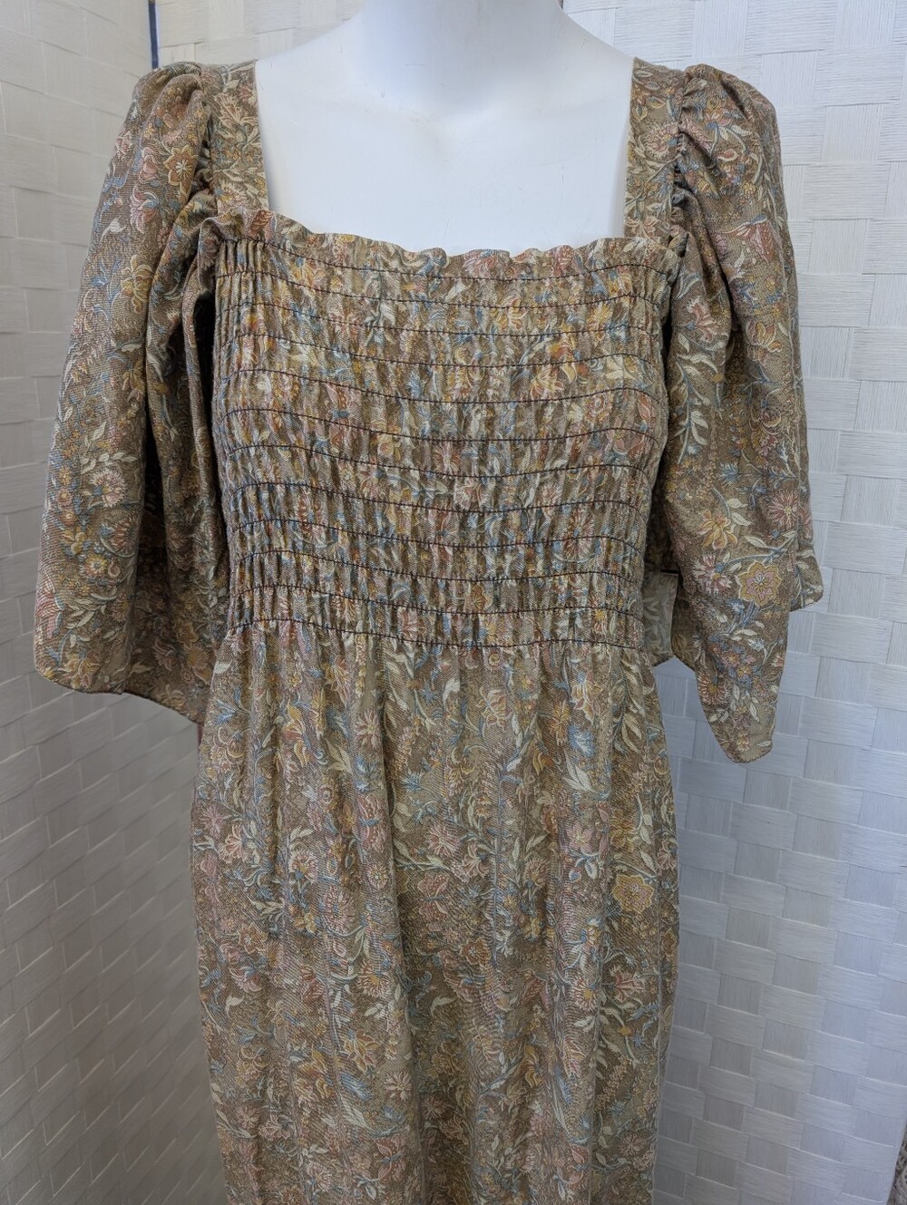 Vintage Dress Handmade Bohemian Smocked Floral Square Neck Brown Paisley XL - Picture 7 of 7